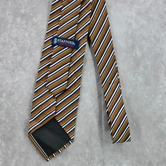 Stafford Performance Brown Blue White Stripe 100% Silk Men's Neck Tie NWOT - Picture 3 of 5